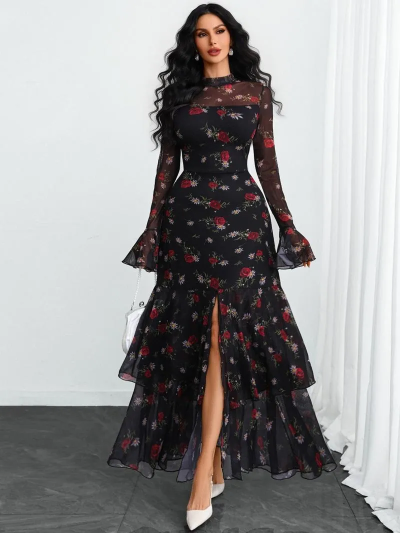 Women's Romantic Polka Dot Split Mesh Patchwork Layered Elegant Flared Skirt Dress