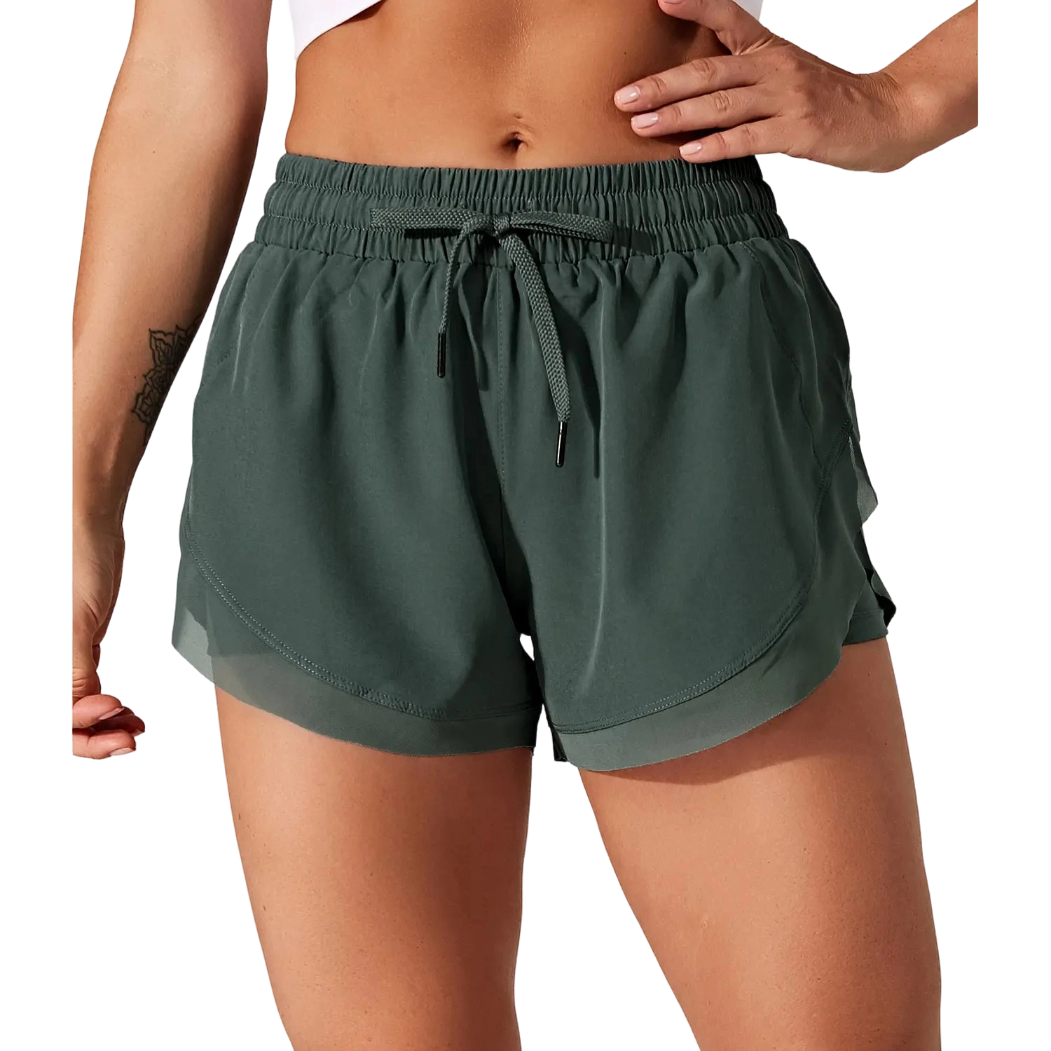 Women’s 2-in-1 Mesh Active Shorts – Flowy Overlay & Adjustable Drawstring