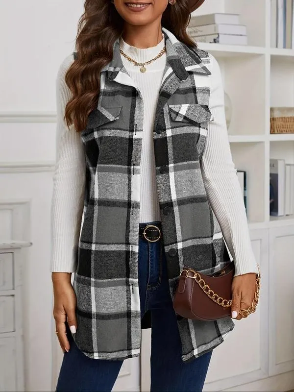 Women's Plaid Print Button Front Vest Coat