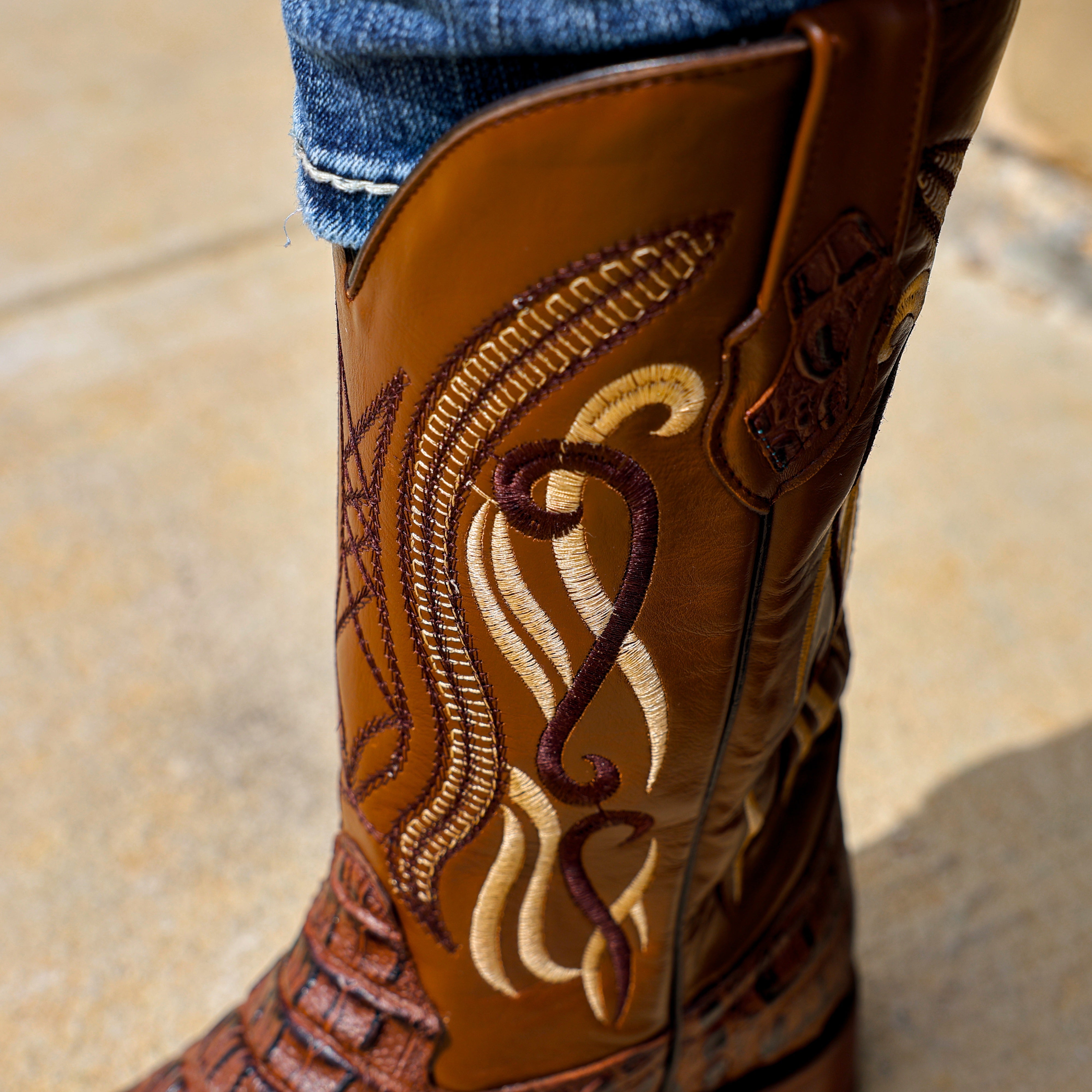 Brown Caiman Neck Leather Boots - Square Toe