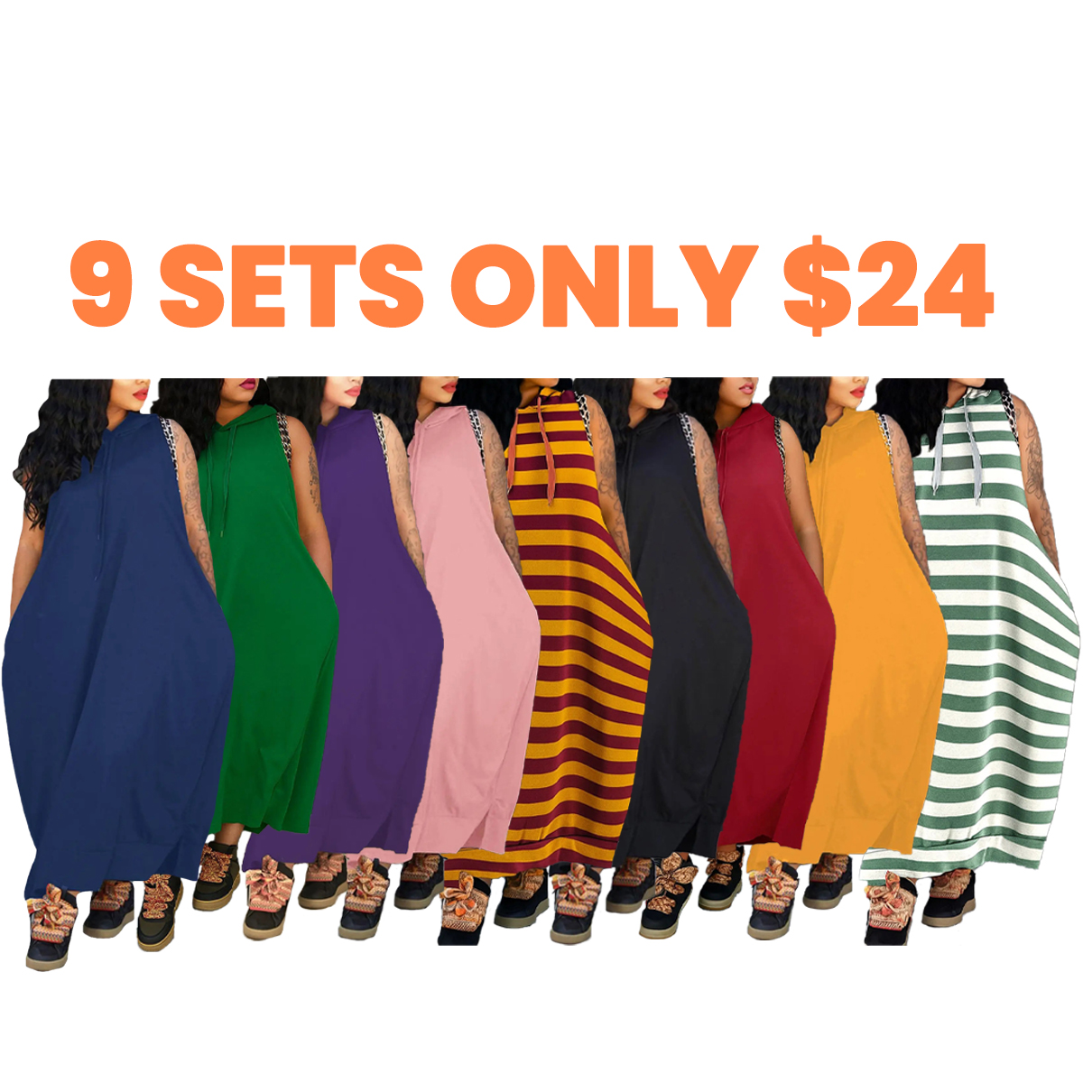 👍9 - PACK Women's Plain Drawstring Hoodie Tank Dress with Pocket for Summer