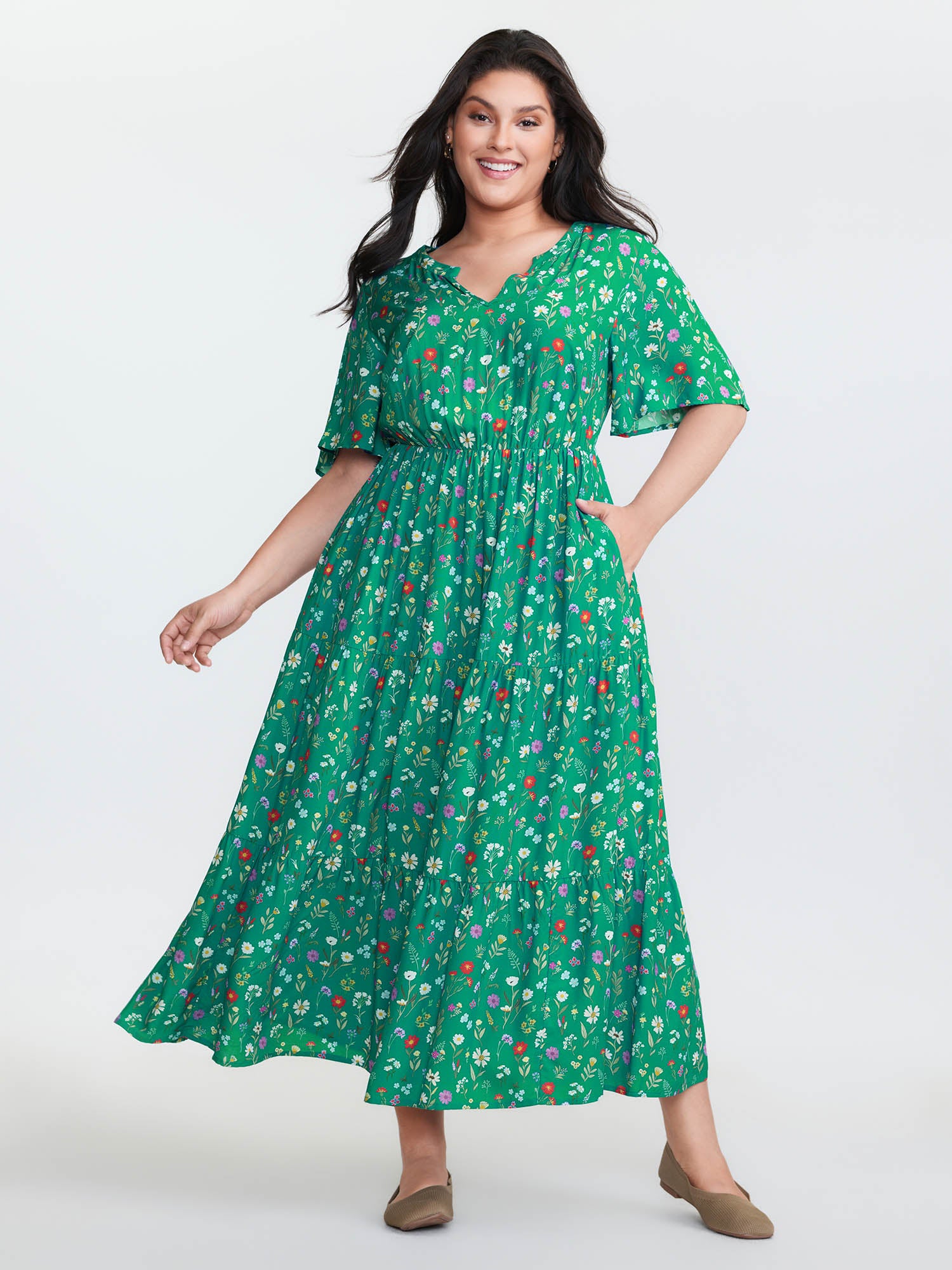 Floral Print Pockets Tiered Maxi Dress