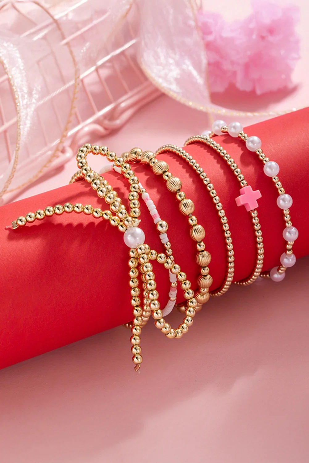 Gold Bow Knot Pearl Decor Beaded Plated Layered Bracelet