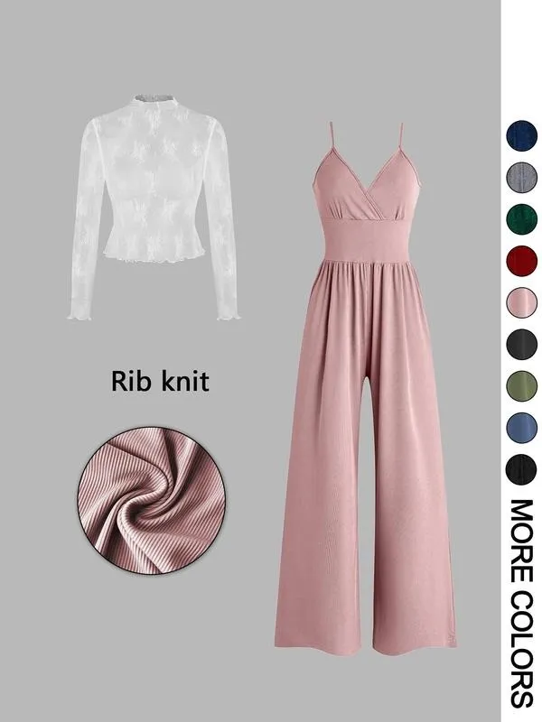 Women's Solid Color Lace Tee & Pocket Jumpsuit Two-piece Set