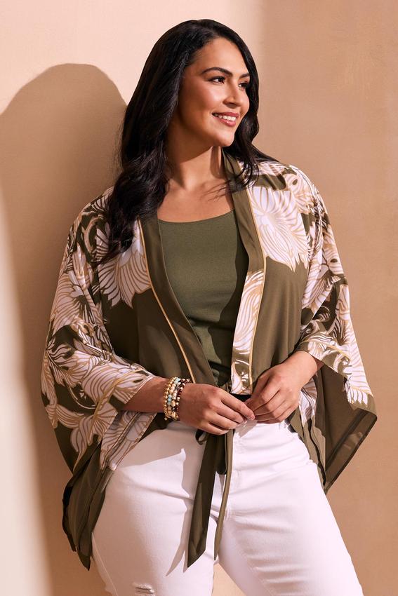 Plus Size Green Floral Tie Front Kimono