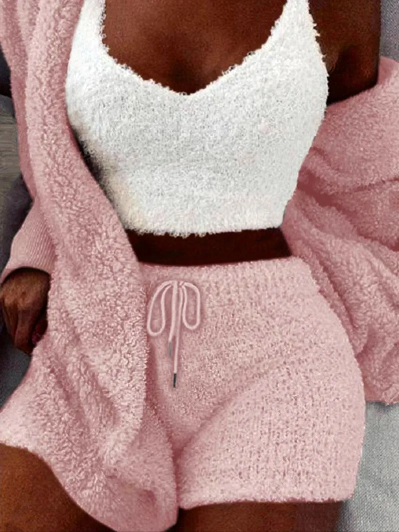 Women's Solid Color Plush Three-piece Pyjama Set, Fluffy Pajamas