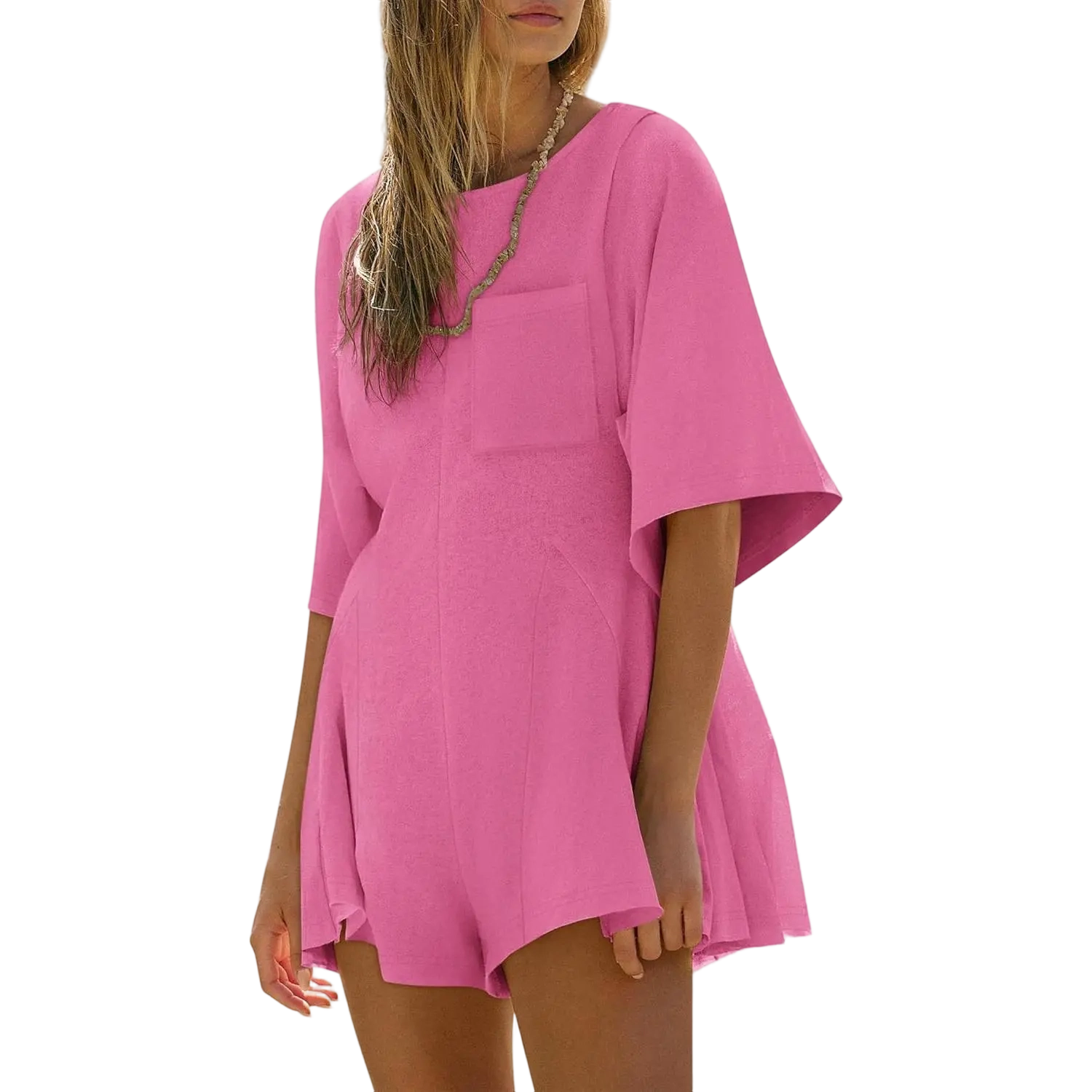 Women Spring Outfits Summer Casual Short Sleeve Crew Neck Loose Jumpsuits with Pocket