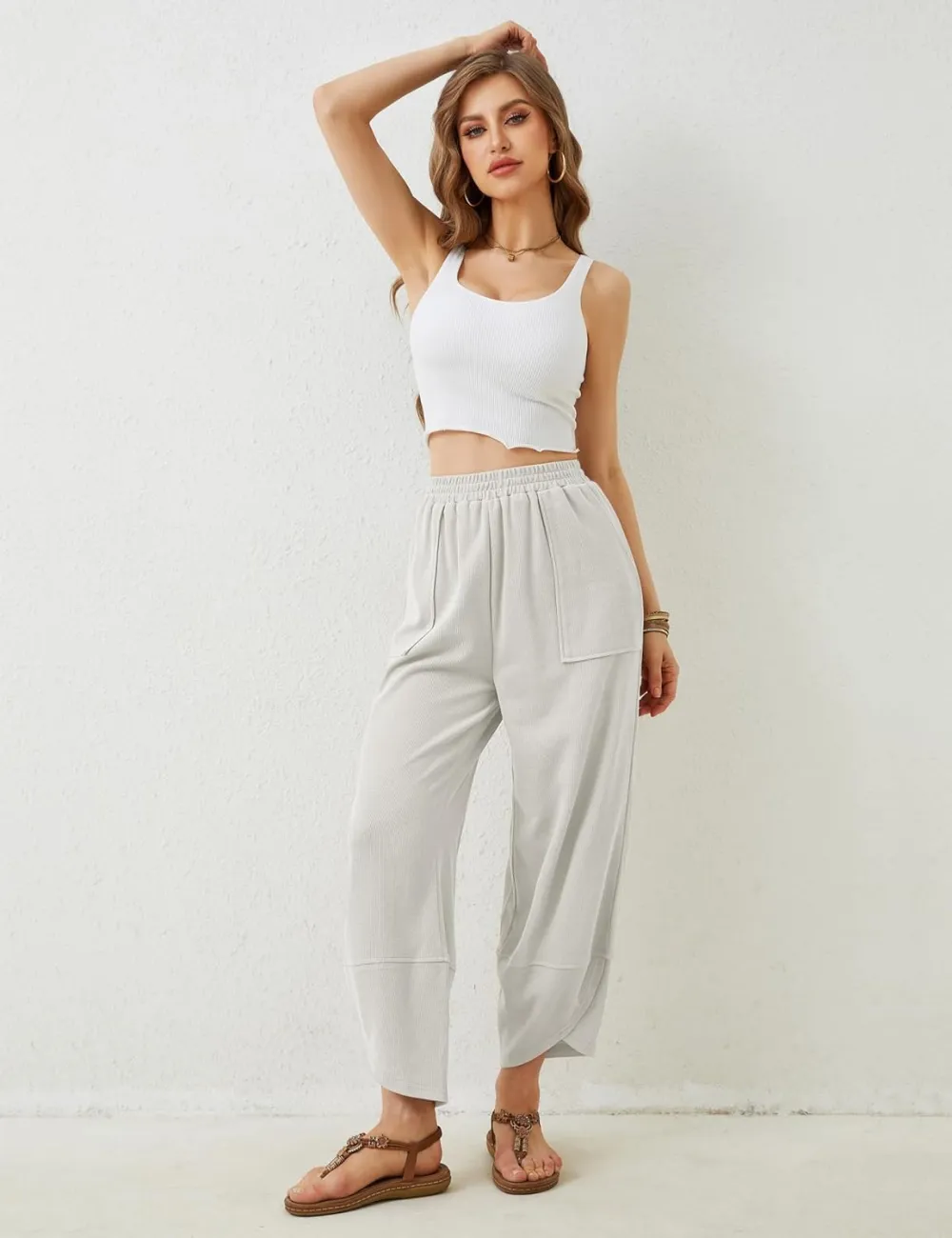 Women's Wide Leg Harem Pants Casual Palazzo Pants with Pockets High Waist Relaxed Fit