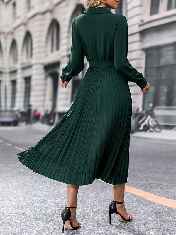 Belted Pleated Solid Color A-Line Long Sleeves Lapel Midi Dresses