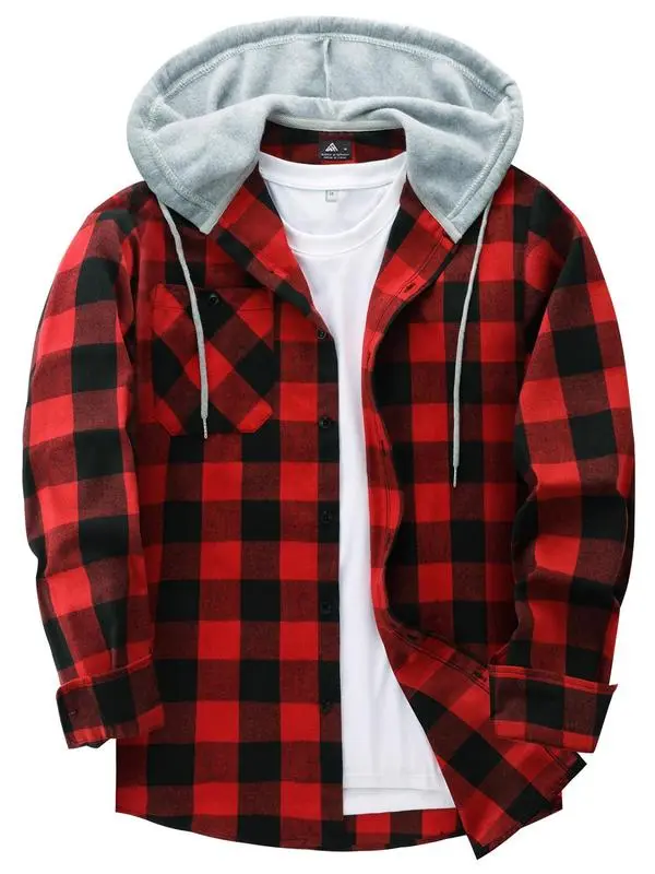 Men's Plaid Print Button Front Drawstring Hooded Shirt, Regular Fit Casual Pocket Long Sleeve Outerwear