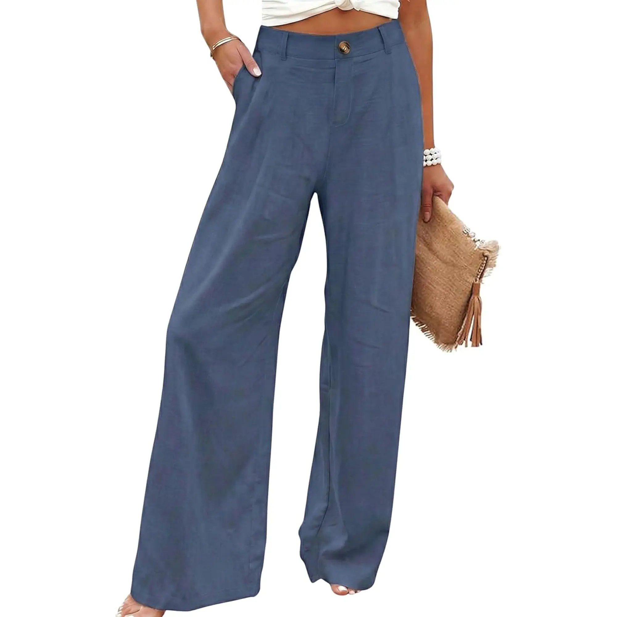 Women's High Waisted Wide Leg Linen Pants Casual Button Up Cotton Trousers for Summer Loose Comfy Beach Pants