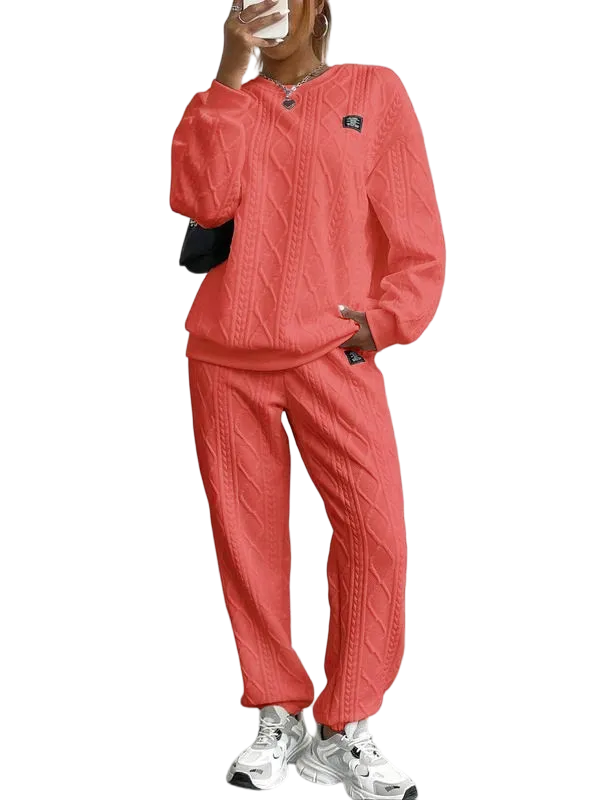 Women's Solid Patched Drop Shoulder Sweatshirt & Elastic Waist Pants Two-piece Set