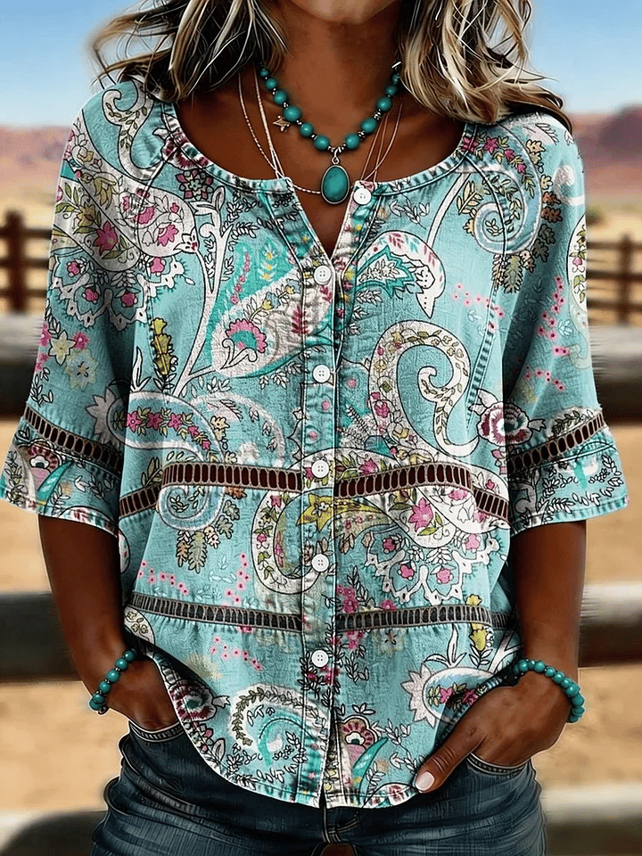 Women's Casual Western Floral Print Cotton Linen Hollow-Out Top