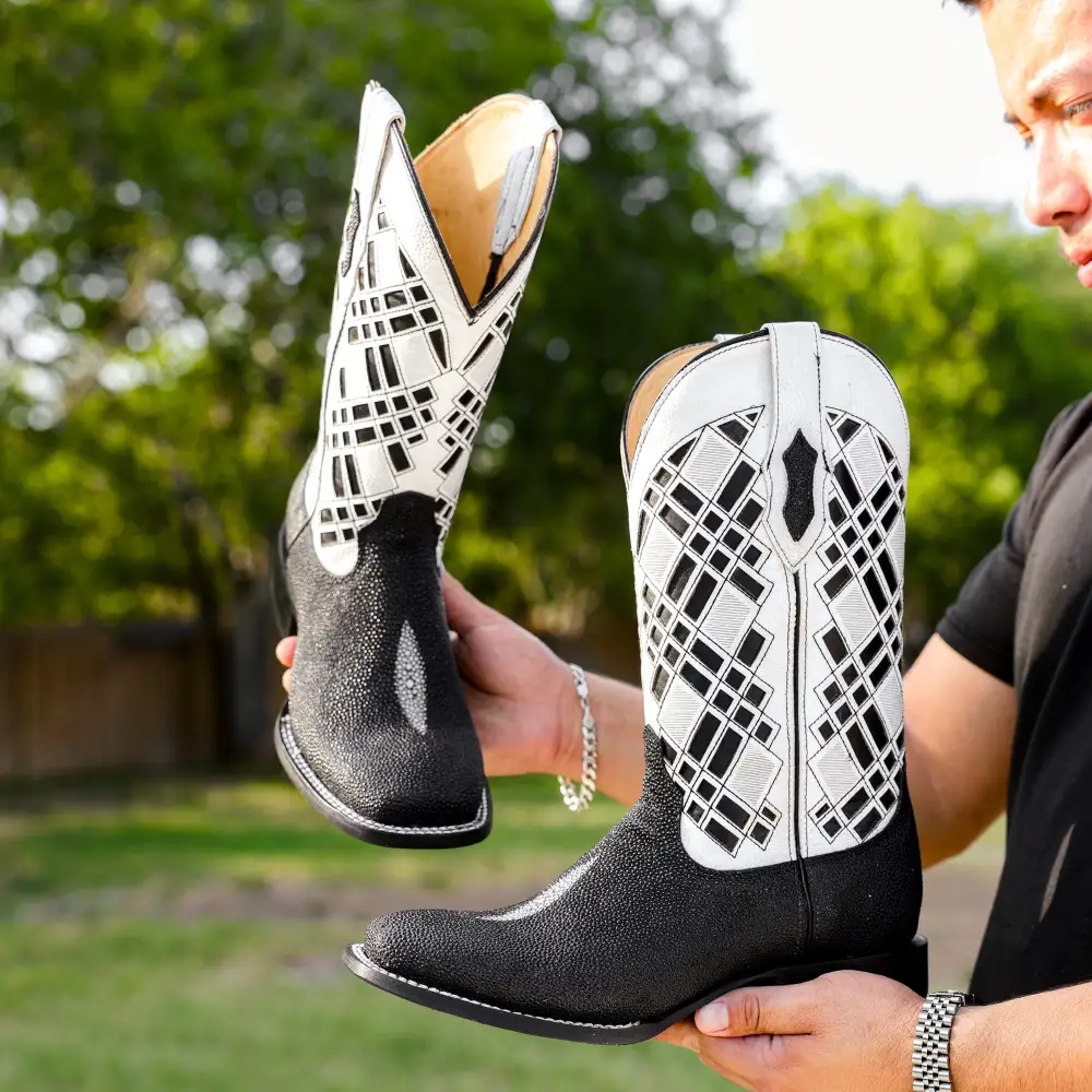 Black Stingray Leather Boots - Square Toe