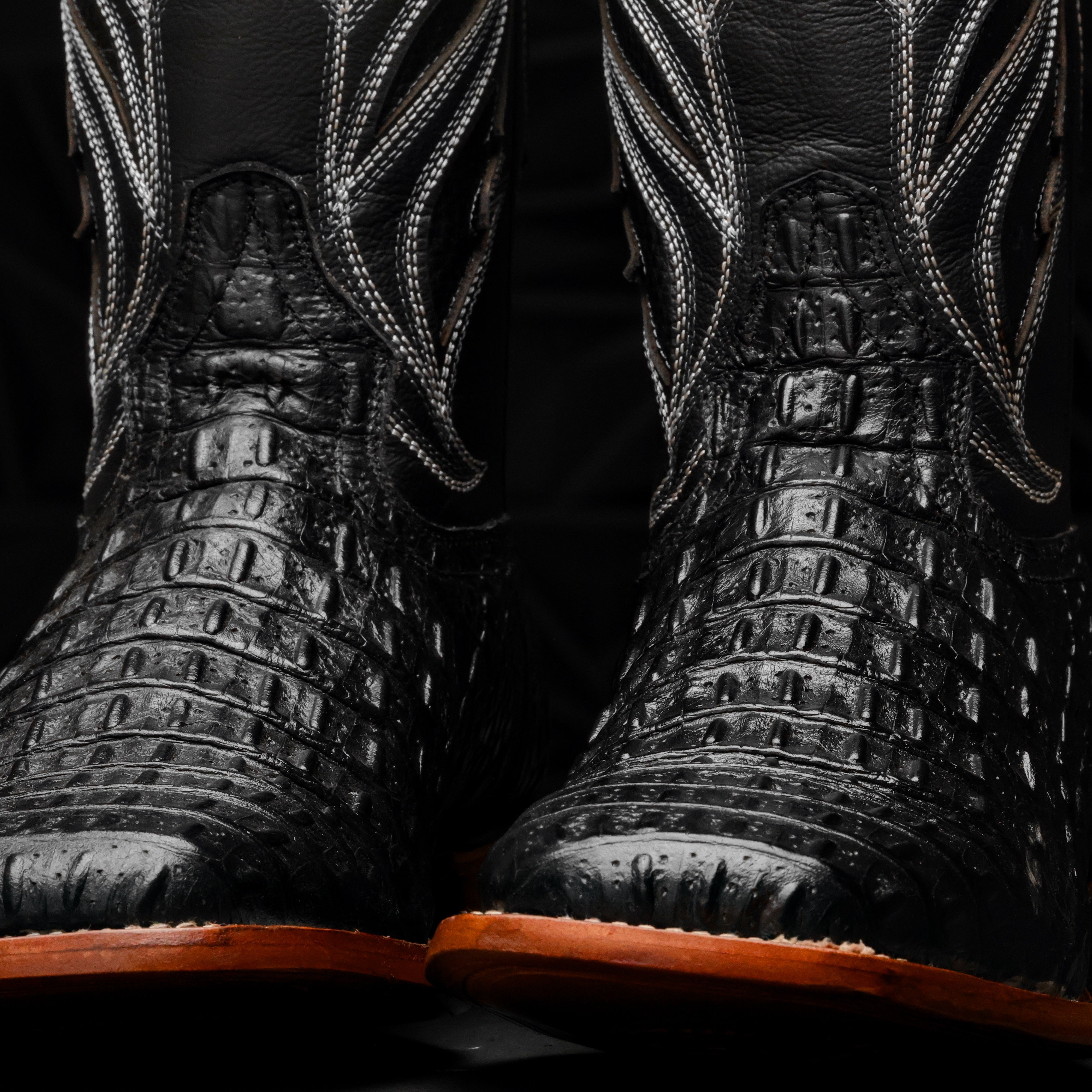 Black Caiman Hornback Leather Boots - Square Toe