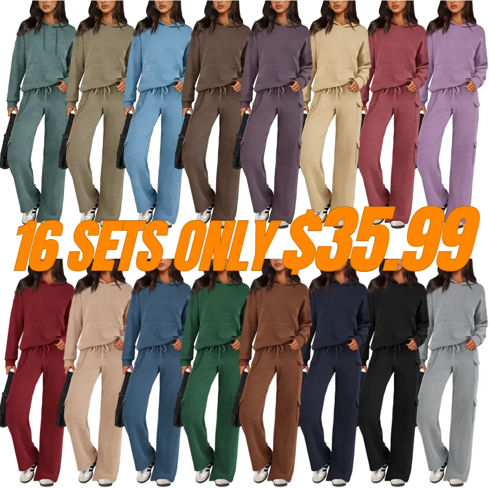 Women’s Casual Knit Tracksuit – Hoodie & Wide Leg Pants with Pockets