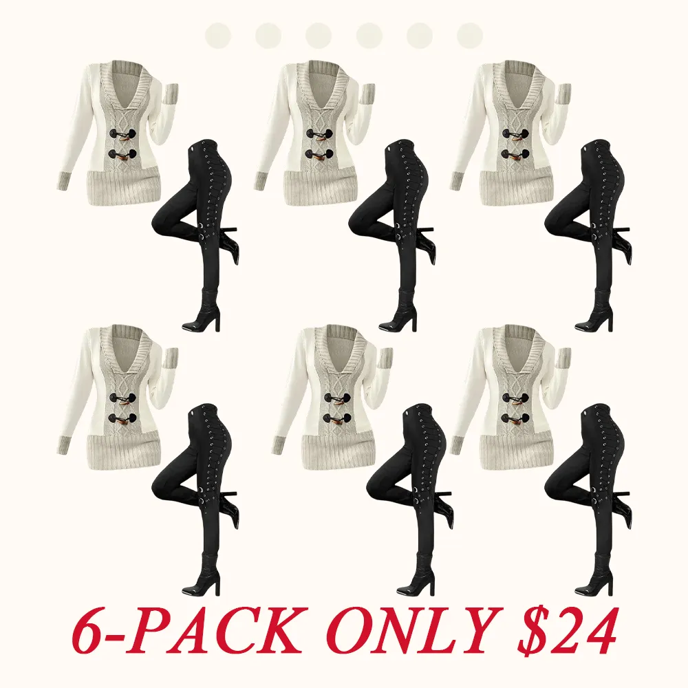 Women's suit: faux horn button sweater and loop-buttoned leggings