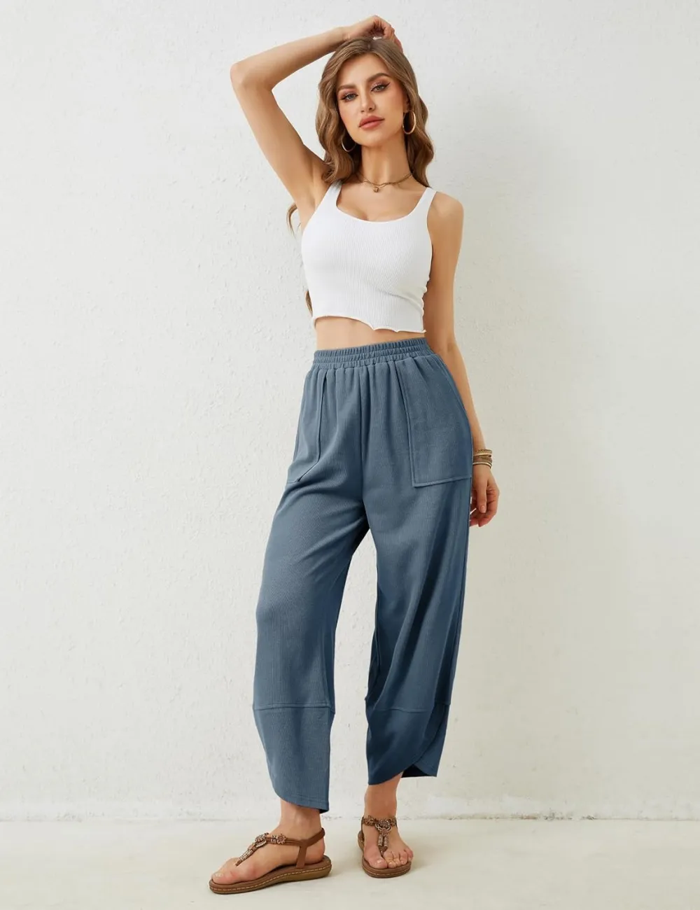 Women's Wide Leg Harem Pants Casual Palazzo Pants with Pockets High Waist Relaxed Fit