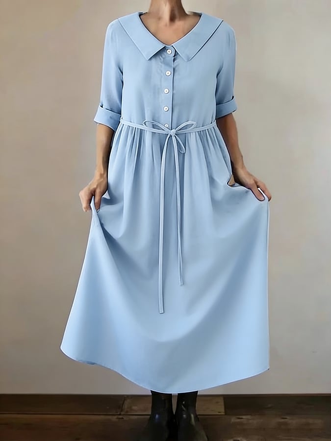 Women's Retro Solid Color Design Lace-Up Pocket Casual Dress- Fast Shipping