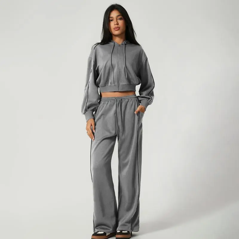 Women’s Hooded Tracksuit Set (Cropped Hoodie + Wide Leg Pants)
