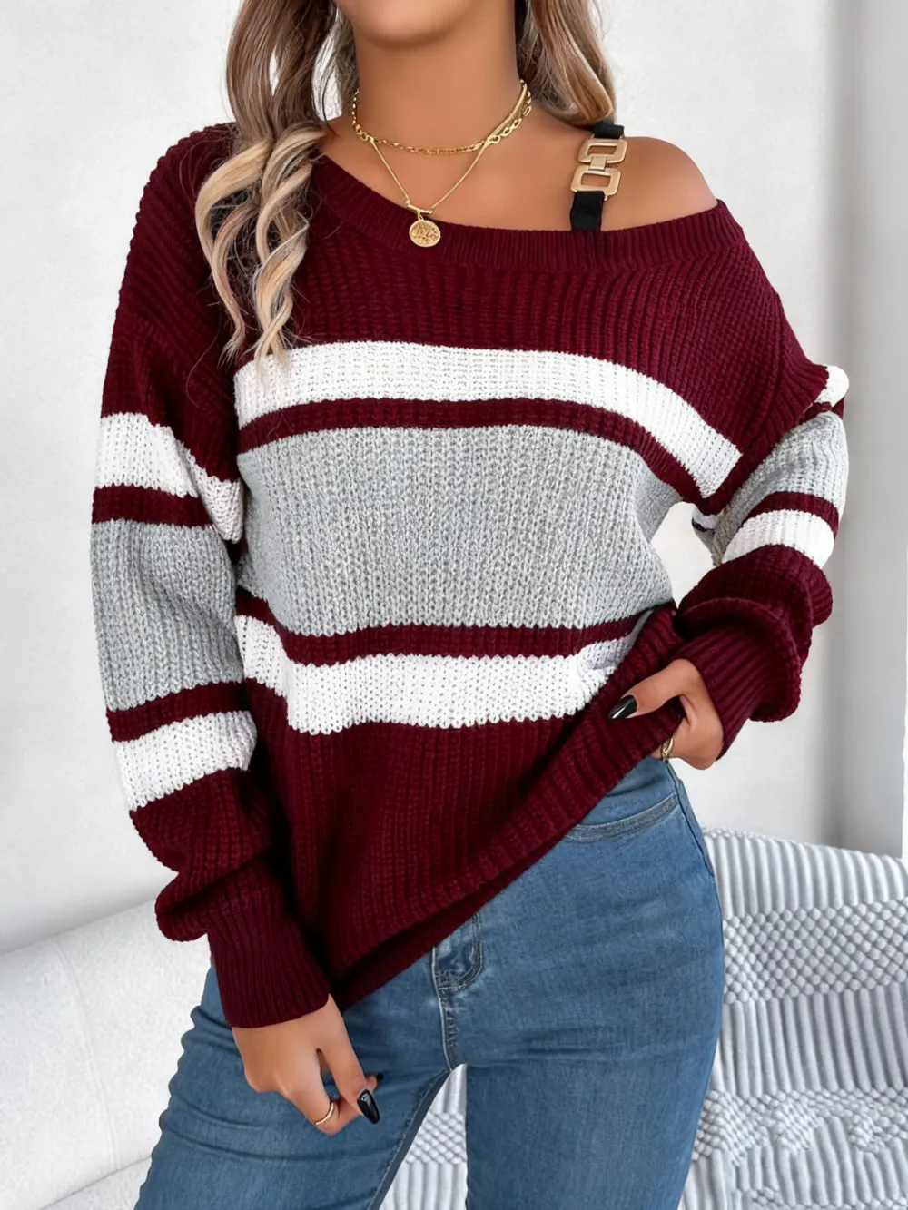Women's Asymmetrical Neck Buckle Sweater