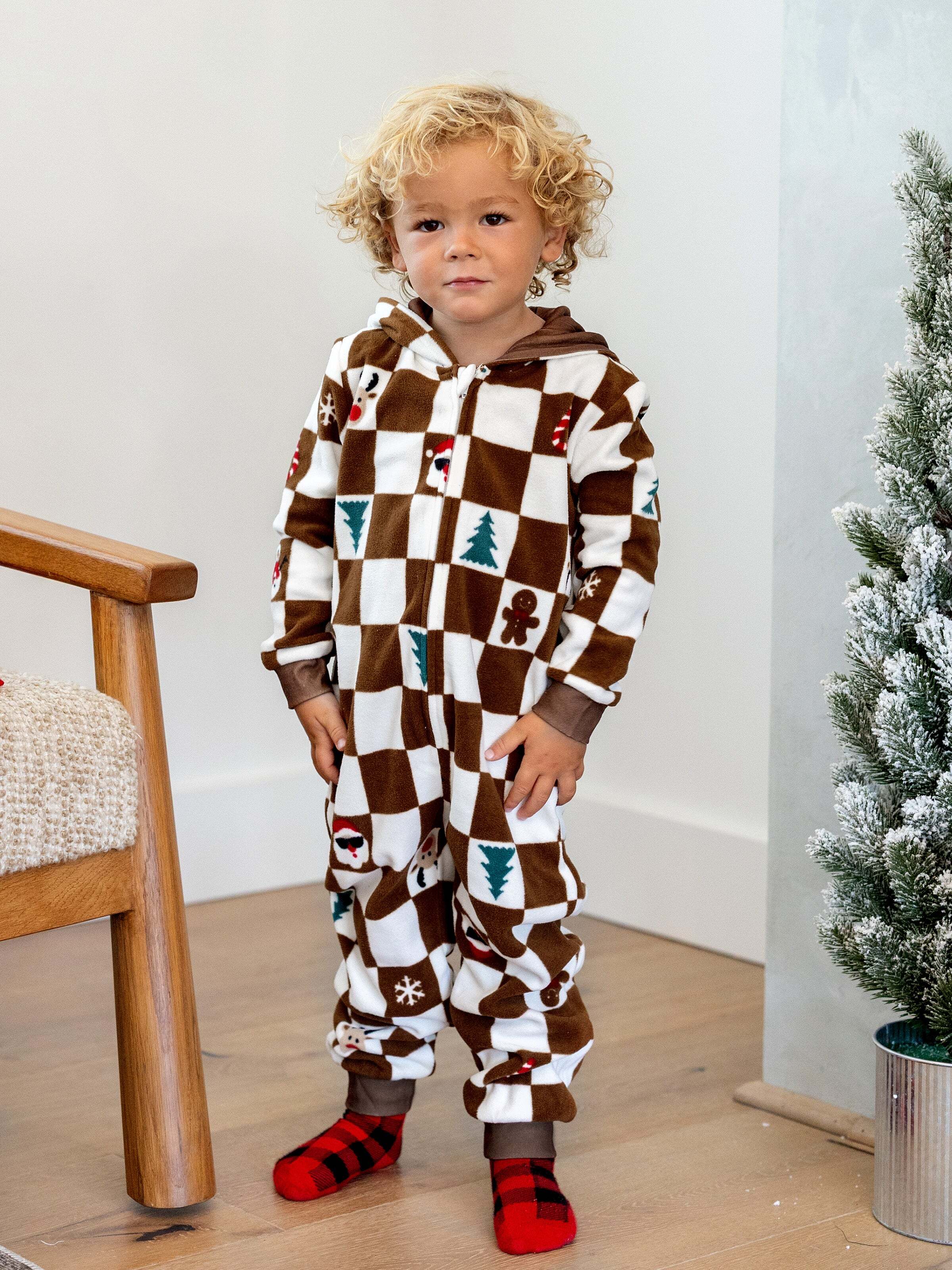 Christmas Onesies Matching Family Fleece Hoodie Pajamas Set Gingerbread Christmas-theme Plaid Print PJS with Christmas Socks Color block