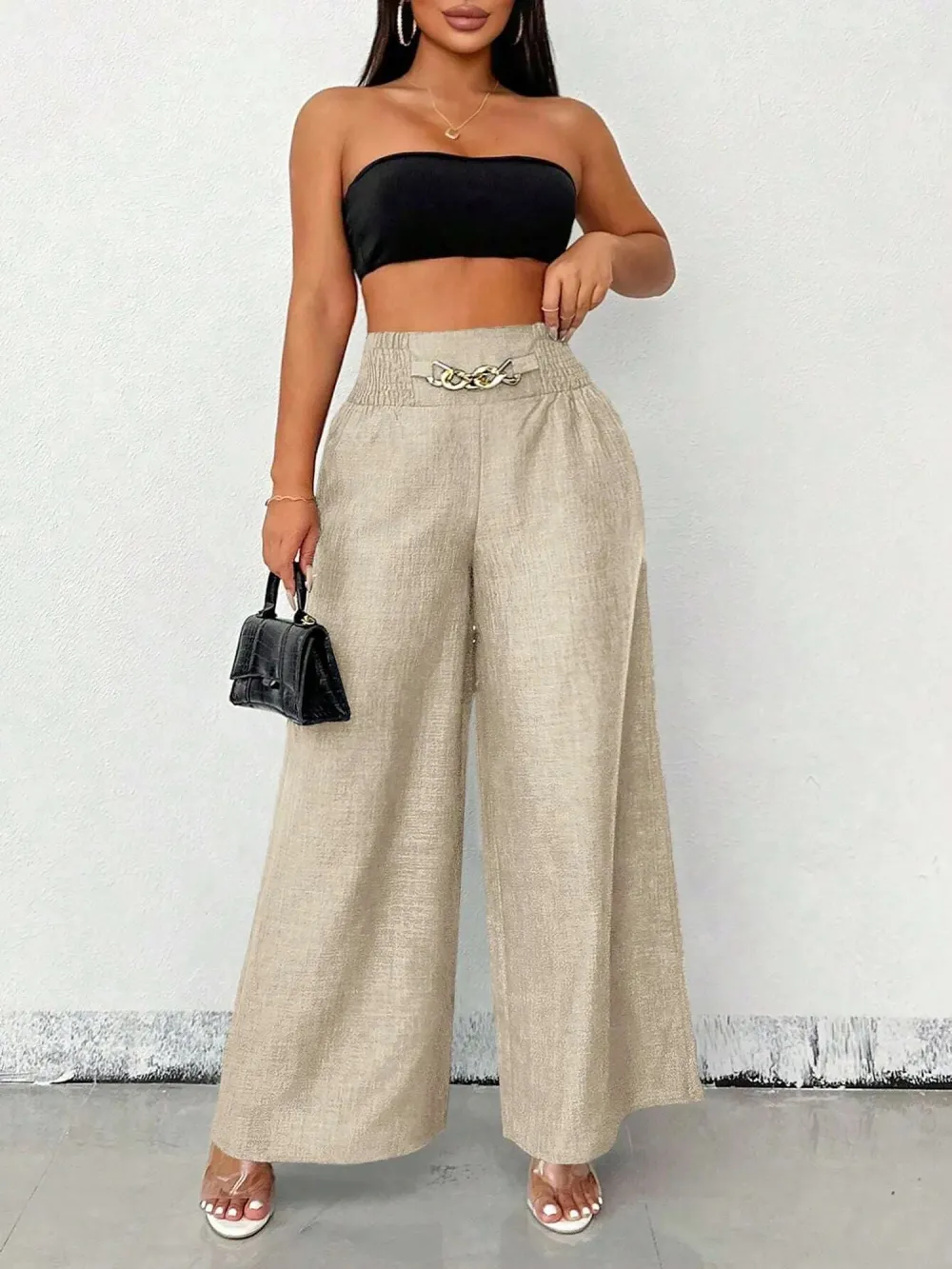 Women's Solid Color High-Waisted Pants, Stretchable Loose-Fitting Wide-Leg Trousers