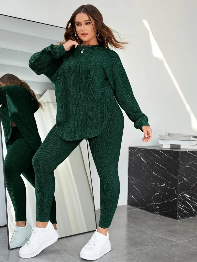 [Plus Size] Plain Split Curved Hem Hoodie & Leggings Lounge Two-piece Set