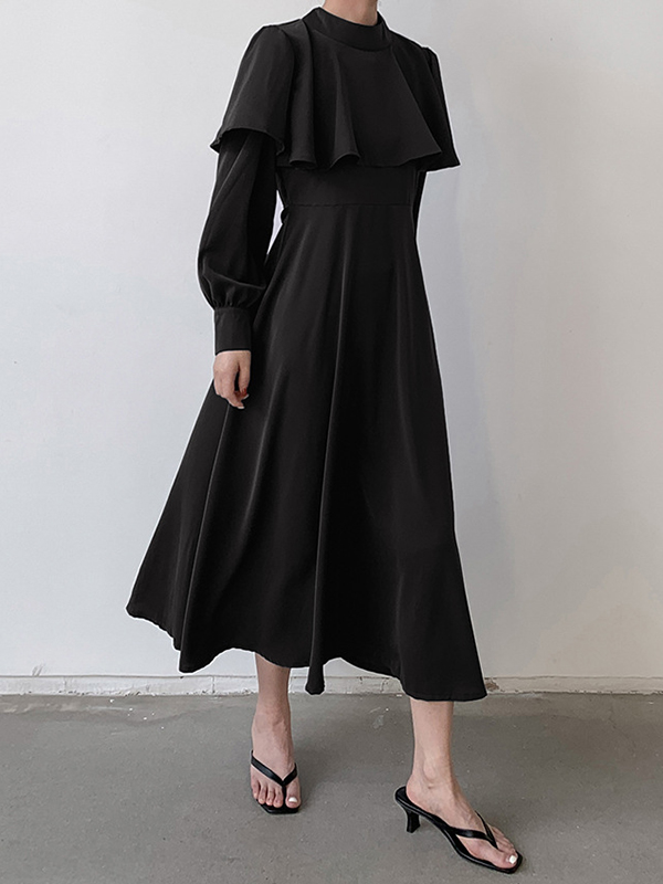 Ruffle Trim Solid Color Tied Waist A-Line Long Sleeves Mock Neck Midi Dresses