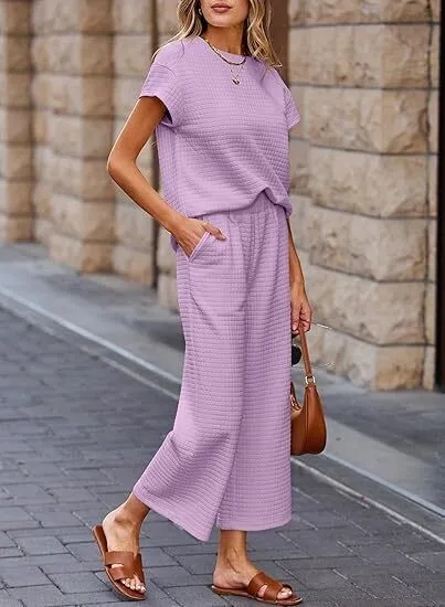 Women's Casual Textured Tops and Wide Leg Pants Lounge Sets