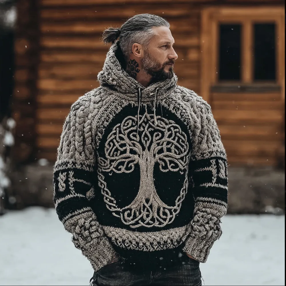 Men's Viking Style Tree Of Life Thick Needle Patchwork Hooded Sweater