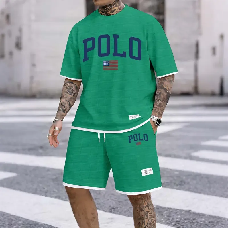 Men's Spring/Summer Printed Polo Shirt and Drawstring Shorts Set