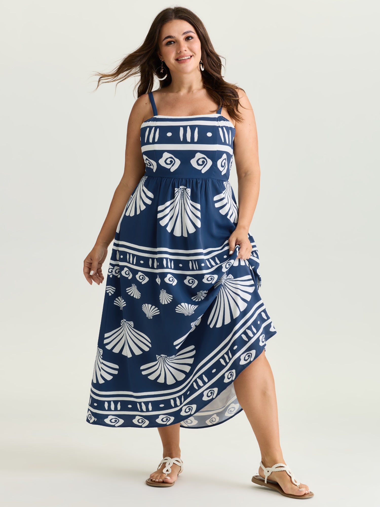 Seashell Print Wide Strap Flowy Maxi Dress