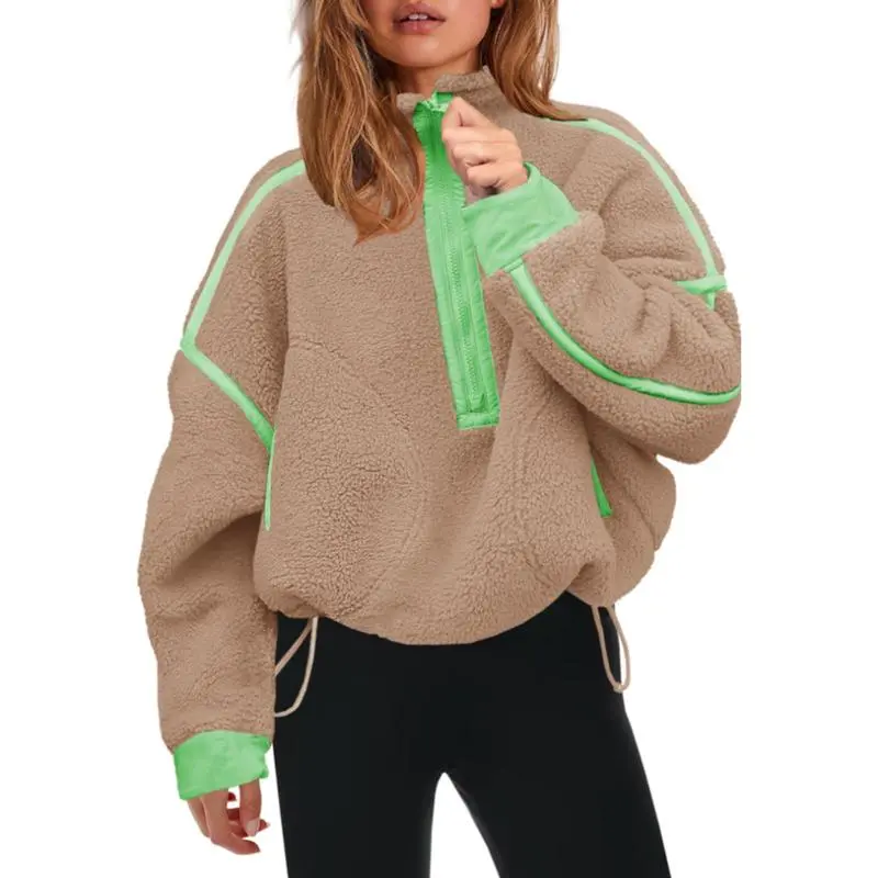 Women Sherpa Fleece Warm Oversized Half Zip Sweater