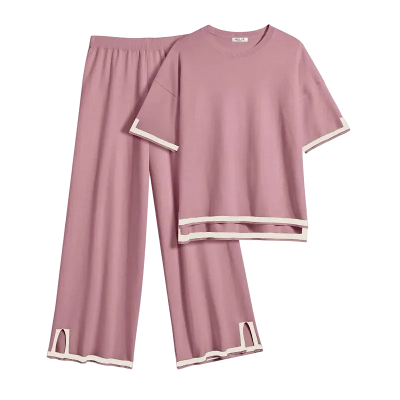 Women’s 2-Piece Knit Lounge Set – Short Sleeve Top & Wide-Leg Pants