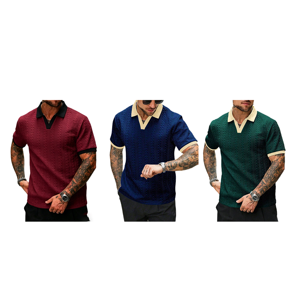 Men's Retro Colorblock Polo Shirt, Textured V Neck Short Sleeve Top, Casual Street Style, Summer Fashion, Fitted Leisurewear