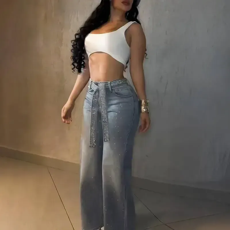 Women's Allover Rhinestone Decor High Waist Zipper Fly Jeans Casual Wide Leg Loose Fit Denim Pants