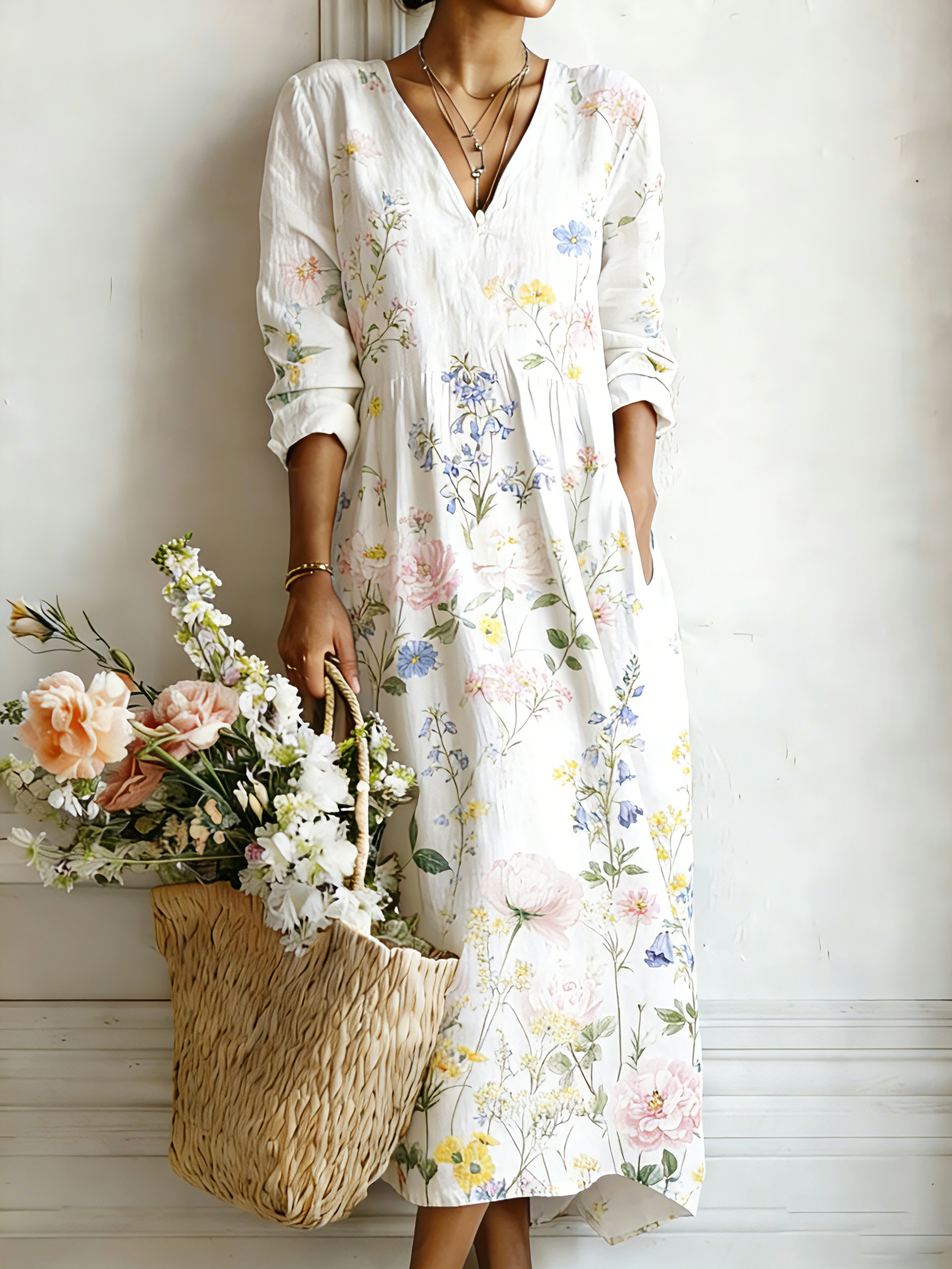 Elegant floral print V-neck linen-style dress for women- Fast Shipping