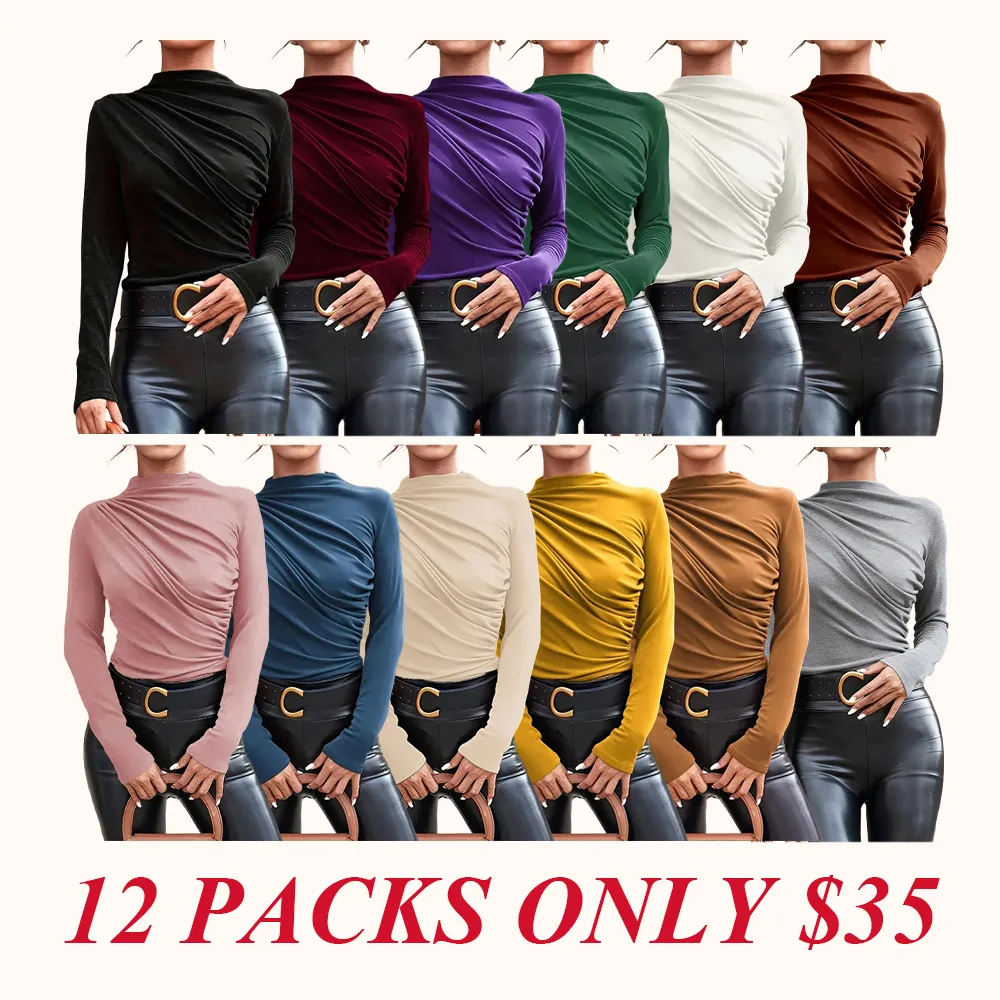 Women's solid color pleated turtleneck T-shirt