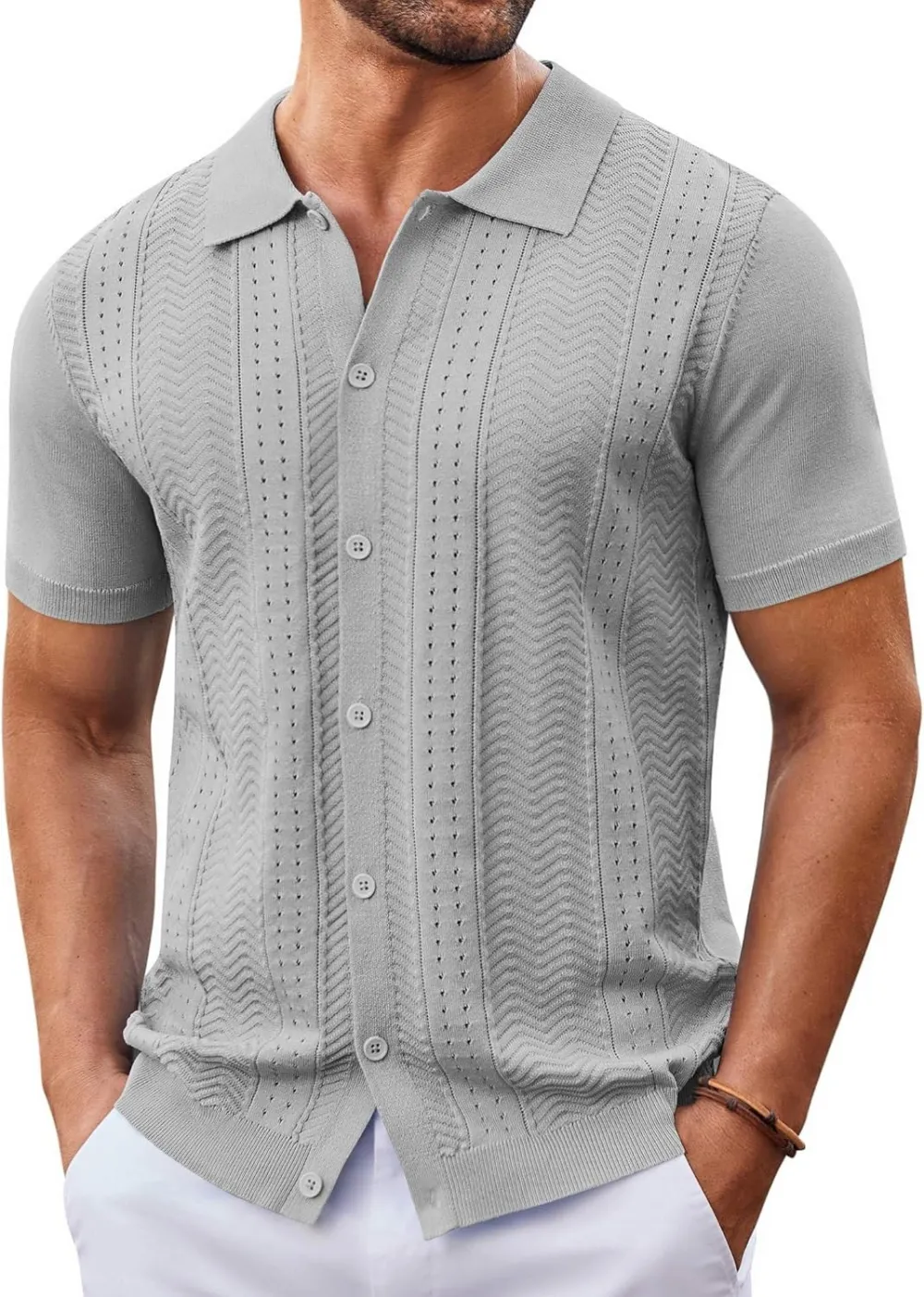 Mens Knit Button Down Shirt Short Sleeve Summer Casual Shirts Vintage Beach Vacation Shirts