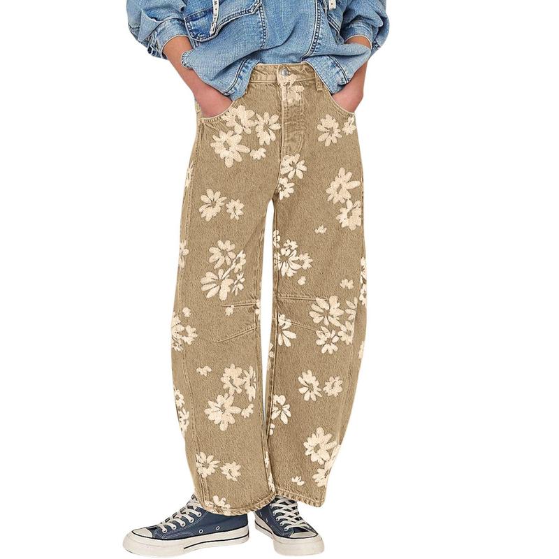 Women's Simple Floral Jeans Y2K Loose Wide-Leg Jeans Boyfriend Style Printed Stitching Jeans