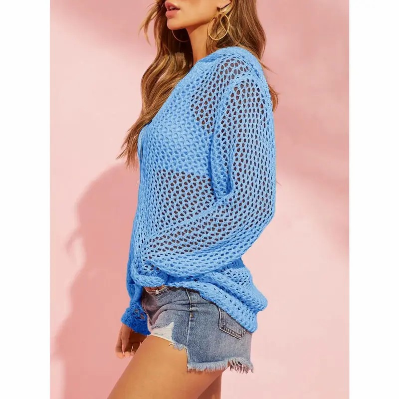 Women's Crochet Lightweight Cardigan – Zip Up Hooded Mesh Beach Cover Up