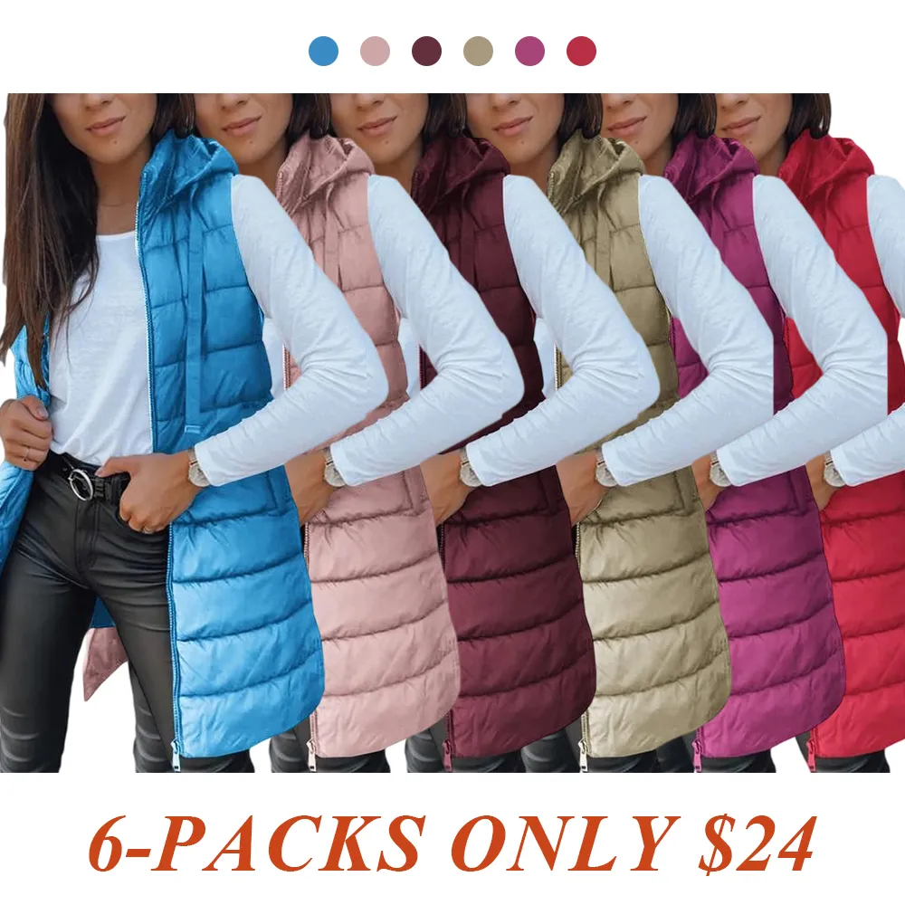 Women Long Vest Solid Color Sleeveless Hood Winter Puffer Vest Outwear