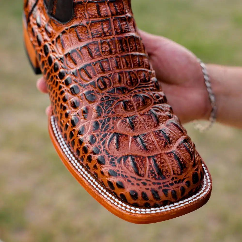 Cognac Caiman Neck Leather Boots - Square Toe