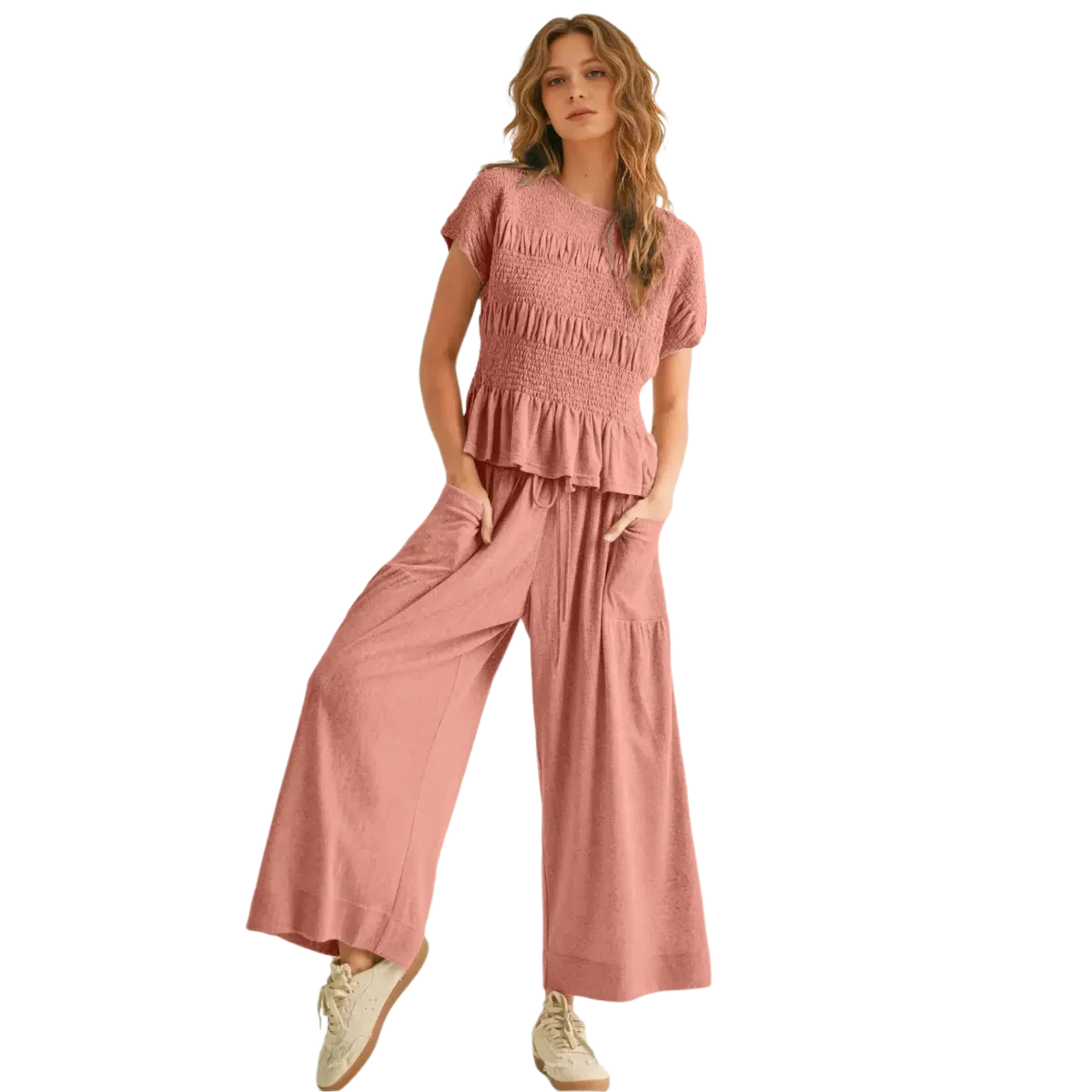 Women's 2-Piece Smocked Top & Wide-Leg Pants Set High-Waisted Lounge Outfit with Pockets Casual Boho Matching Set Minimalist Basic Kleinblue Crewneck Clothes Suits Fitted Trouser