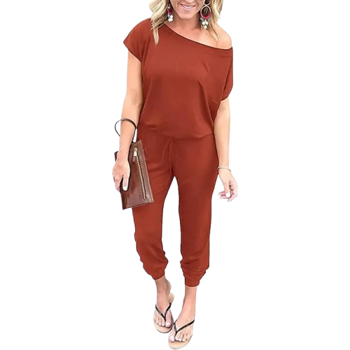 Women's Plus-Size Off-Shoulder Jumpsuit – Elastic Waist, Loose & Comfy Romper