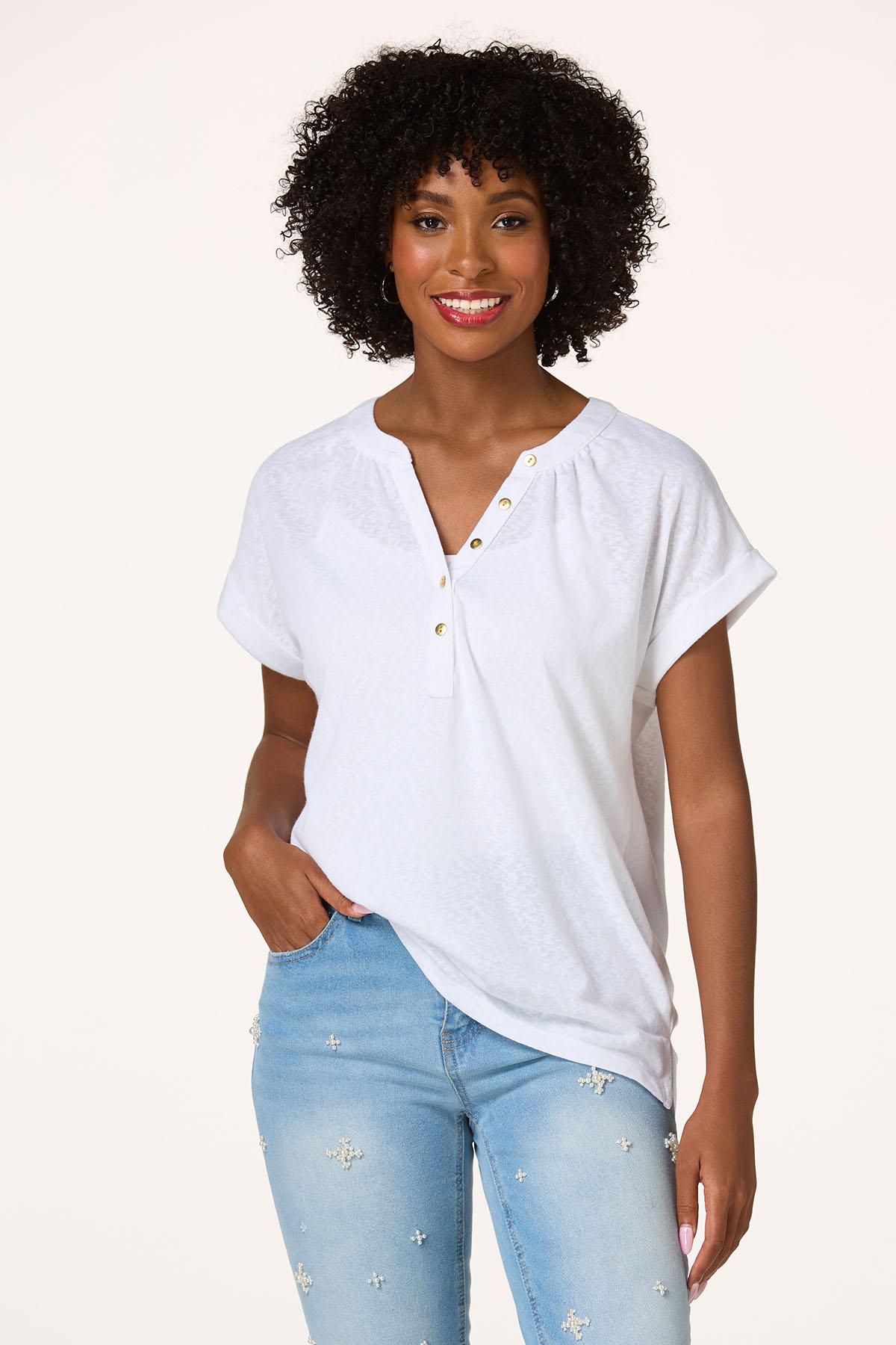 Solid Rolled Cuff Henley Top