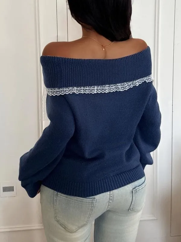 Women's off-shoulder lace bow sweater