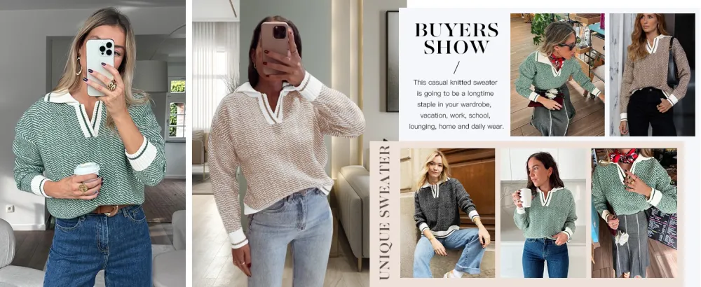 Womens V Neck Knit Sweater Color Block Long Sleeve