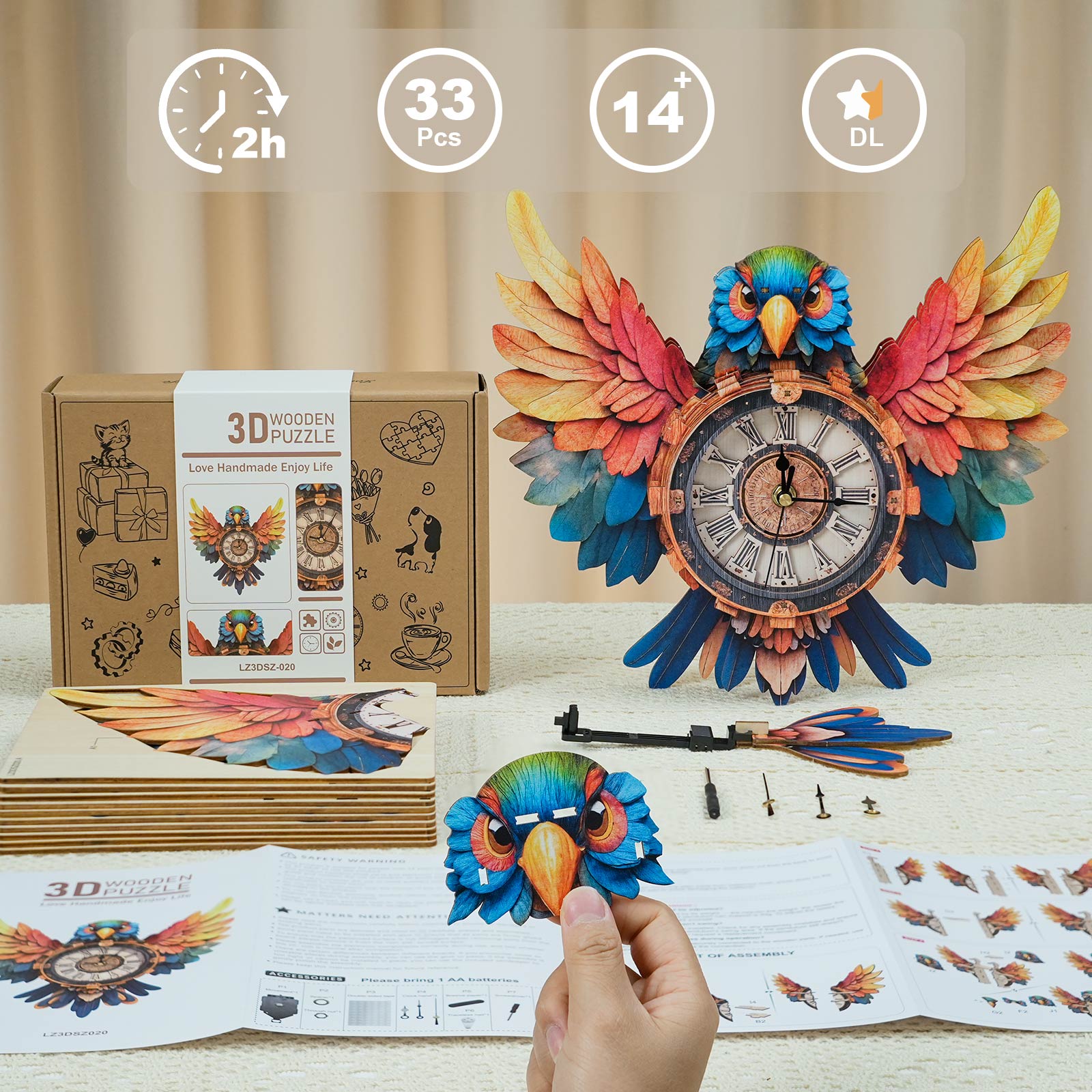 Parrot – DIY Wooden Clock, 3D Puzzle Craft Kit